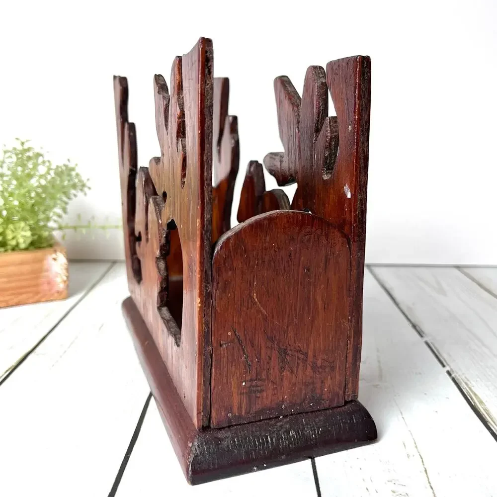 Vintage Hand Carved Wooden Desk Organizer Napkin Holder Rustic Woodland Nature